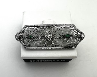 Silver Diamond Brooch, Synthetic Emeralds, Estate Art Deco, 925 Sterling, Vintage Pin, Unique Details, Natural Diamond