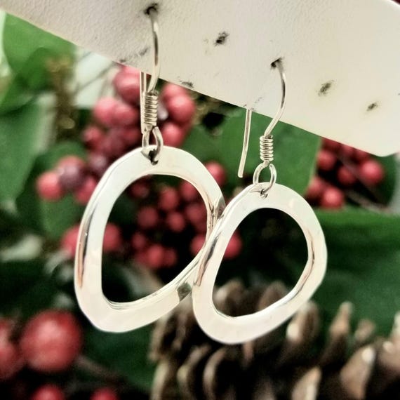 Silver Open Circle Dangle Earrings-Hammered Finis… - image 1