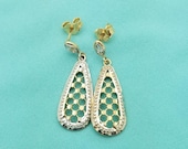 Vintage 14K Two-Tone Gold Diamond Cut Dangle Earrings-Sparkly-Hollow-7/8'' Long