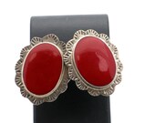 Vintage 1960’s Sterling Silver & Coral Mexican Large Oval Stud Earrings-LARGE