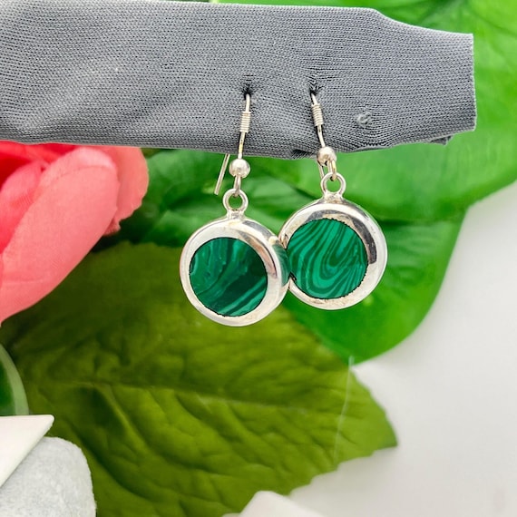 Silver Malachite Circle Dangle Earrings-Sterling-… - image 1