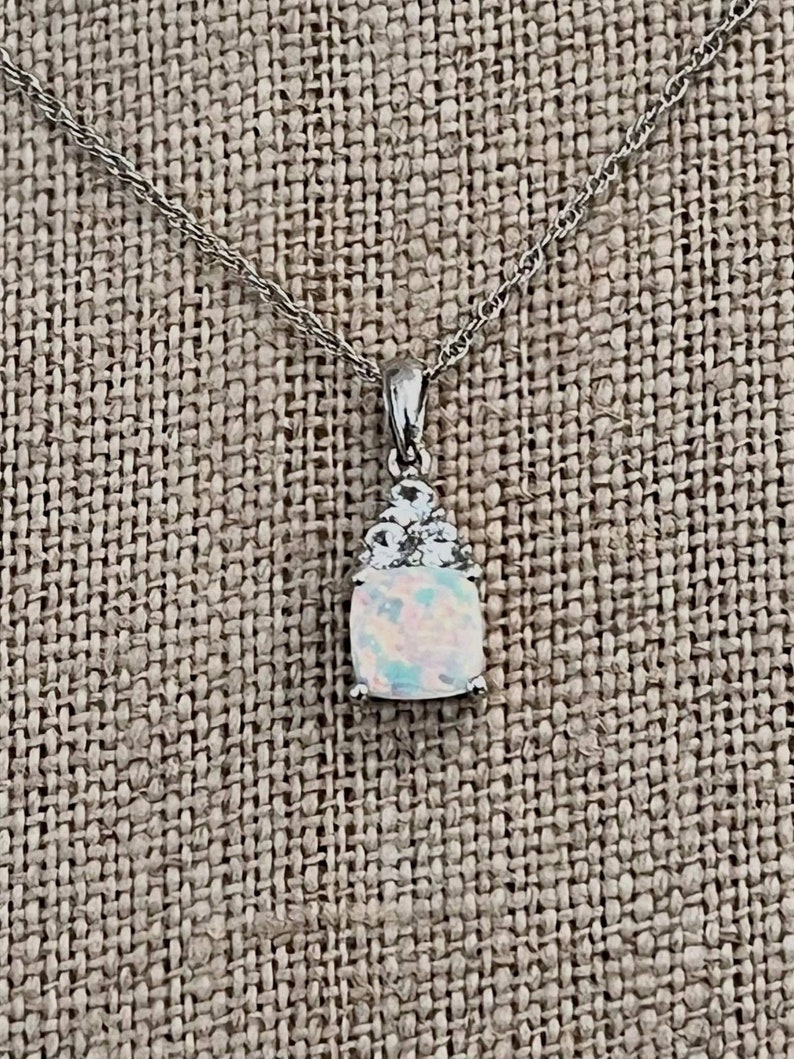 Silver Simulated Opal & CZ Pendant Vintage 18 Chain Cushion Opal-1.24tcw image 1