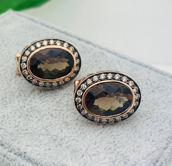 14K Rose Gold Smoky Topaz & Diamonds Oval Earring… - image 1