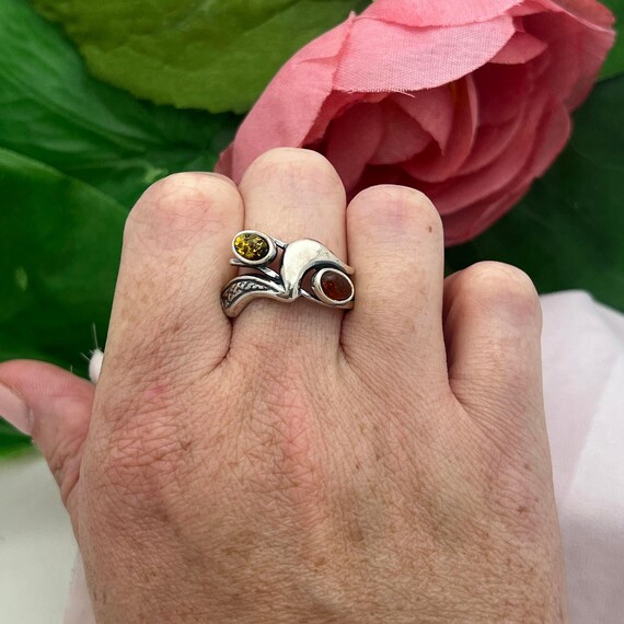 Silver Retro Amber Statement Ring-925 Sterling-Na… - image 2