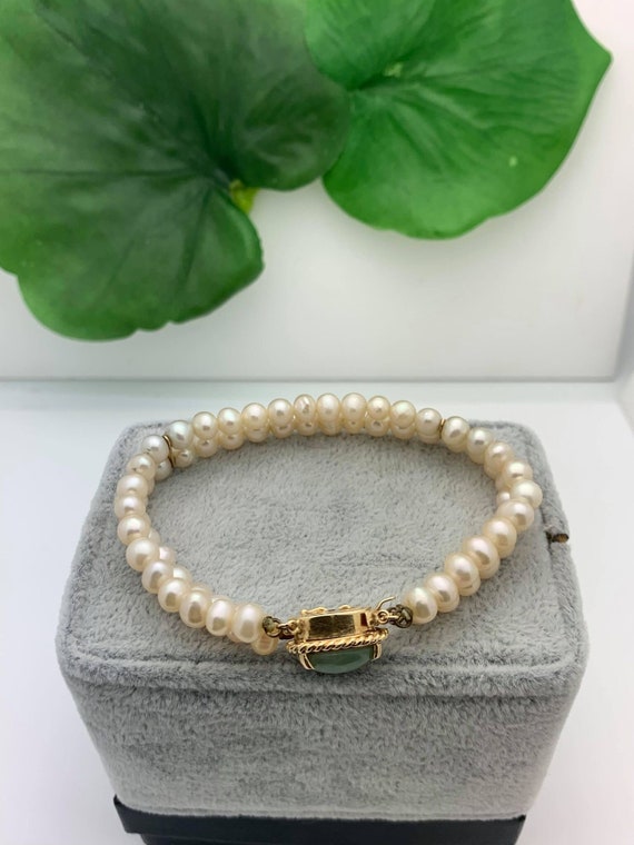 14K Gold Jadeite Clasp Double Pearl Strand Bracel… - image 3