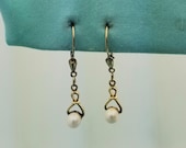 8K German Gold Pearl Dangle Earrings-Freshwater-4.5mm Pearls-1.25'' Length-Vintage-Yellow Gold