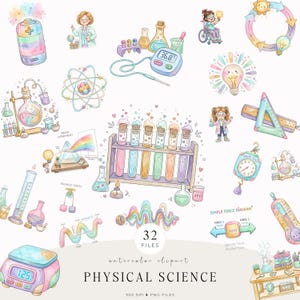 Physical Science Clipart, Cute Lab Kids and Physics Icons, Watercolor STEM PNG Set, Classroom Decor Graphics, Commercial Use
