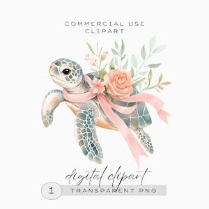 Sea Turtle Clipart PNG | Single Image Ocean Floral Watercolor | Baby Shower Digital Download | Commercial Use