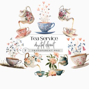 Könnte beinhalten: Aquarell-Digitalclipart mit Teetassen, Teekannen und Blumenarrangements. Die Teetassen und Teekannen sind mit floralen Mustern in Rosa, Blau und Weiß verziert. Der Text "Tea Service digital clipart" ist enthalten.