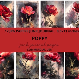 Poppy Junk Journal Pages | Wildflower Meadow Digital Papers | Botanical Illustrations Printables | Field Flowers Set