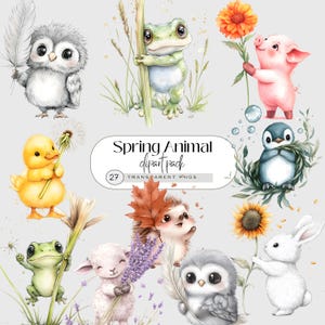 Clipart animal printanier PNG | Animaux mignons avec des fleurs | Hérisson Lapin Mouton Hibou Oiseau Grenouille Cochon Pingouin Canard | Illustration pour enfants