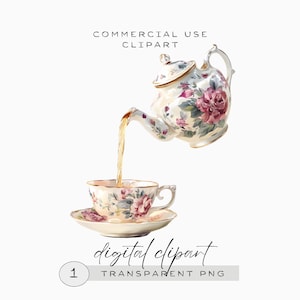 Könnte beinhalten: Aquarell-Illustration einer Teekanne, die Tee in eine Tasse und Untertasse gießt. Die Teekanne und die Tasse sind mit rosa Rosen und floralen Mustern verziert. Das Bild enthält den Text "COMMERCIAL USE CLIPART" und "digital clipart".