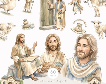 Könnte beinhalten: Eine Sammlung von Aquarellillustrationen mit Jesus, Lämmern, einem Esel, einer Taube mit Olivenzweig, einem Steintürrahmen, einem Beutel mit Münzen und kleinen Gebäuden. Der Text lautet 80 FILES watercolor clipart PARABLES OF JESUS 300 DPI PNG FILES.