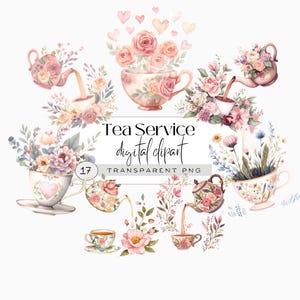 May include: A digital clipart collection featuring watercolor illustrations of teapots, teacups, and floral arrangements in soft pink and pastel tones. The central text reads Tea Service digital clipart 17 TRANSPARENT PNG, surrounded by various tea-themed graphics.