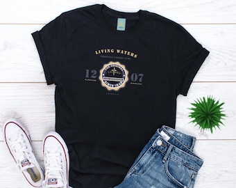 Camiseta cristiana, gracia, fe. Versículo bíblico, " El que cree en mí, como dice la Escritura, de su interior correrán ríos de agua viva".