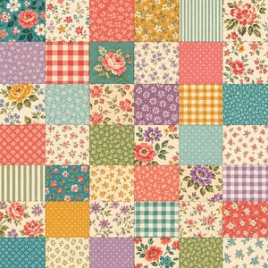 May include: A patchwork fabric design featuring a grid of squares with various patterns including floral prints, gingham checks, polka dots, and vertical stripes in a color palette of red, yellow, green, blue, purple, and cream throughout.