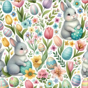 Peut inclure: Une illustration colorée représentant deux lapins gris avec des oreilles et des nez roses, entourés de fleurs, de feuilles et d'œufs roses, bleus, jaunes et verts pastel.