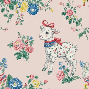 May include: A light pink wallpaper pattern featuring a repeating illustration of a white lamb with a red bow on its head and a blue floral collar. The design is accented with clusters of pink, blue, yellow, and green flowers and green leaves.