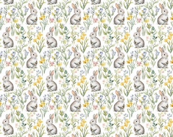 Watercolor Bunny & Wildflower Cotton Fabric Spring Easter Rabbit Print Pure Cotton Quilting Fabric Baby Nursery Fabric By the Half Yard