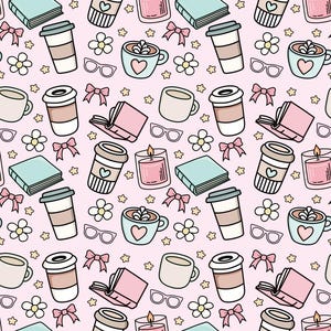 May include: A seamless pattern featuring a variety of cute illustrations, including coffee cups, books, candles, glasses, stars, and flowers. The pattern is in a pink, blue, and brown color scheme.