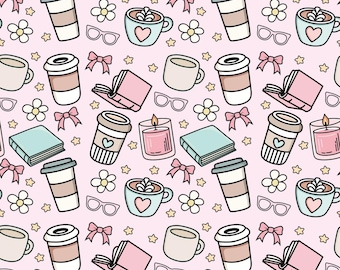 Cozy Book & Coffee Cotton Fabric Pink Aesthetic Print with Mugs, Books Candles, 100% Cotton for Quilting Cottagecore Crafts By the Half Yard