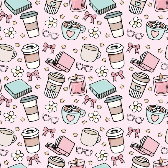 Cozy Book & Coffee Cotton Fabric Pink Aesthetic Print with Mugs, Books Candles, 100% Cotton for Quilting Cottagecore Crafts By the Half Yard
