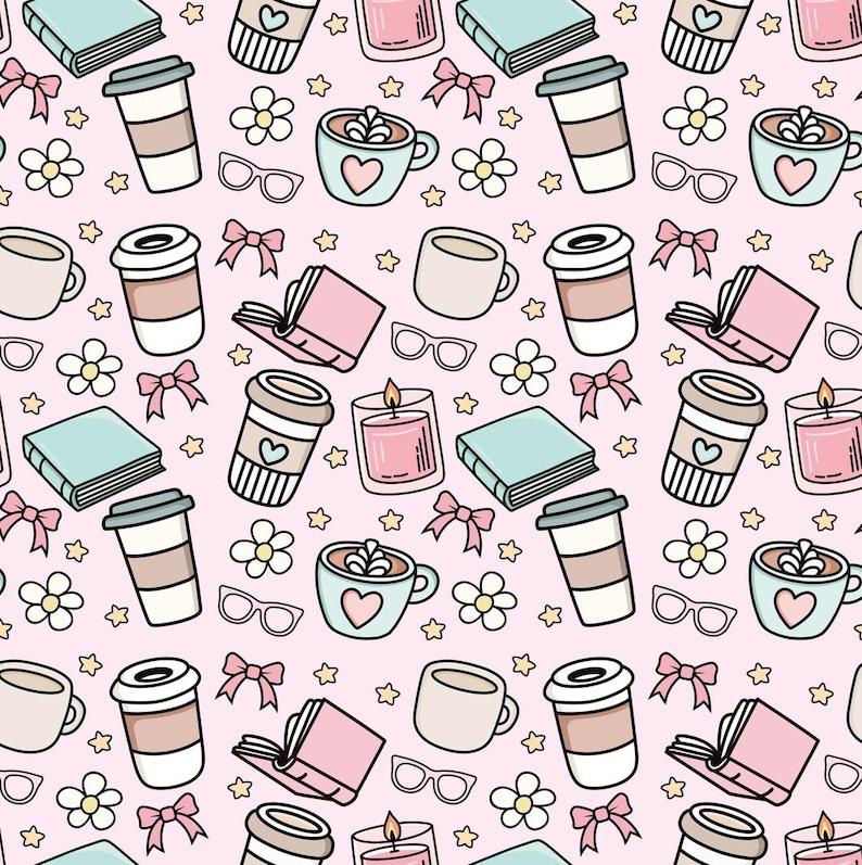 Pu&ograve; includere: Uno schema senza cuciture che presenta una variet&agrave; di illustrazioni carine, tra cui tazze da caff&egrave;, libri, candele, occhiali, stelle e fiori. Lo schema &egrave; in uno schema di colori rosa, blu e marrone.