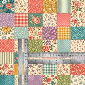 May include: A fabric featuring a patchwork grid of various floral, gingham, polka dot, and striped patterns in shades of red, yellow, green, blue, and purple. A metal ruler is visible, showing a scale of 6 inches in length and 6 inches in width.