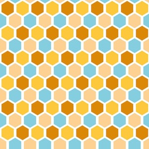 May include: A repeating geometric pattern consisting of interlocking hexagons in shades of golden yellow, burnt orange, light peach, and sky blue. Each hexagon is outlined with a thin white border, creating a uniform honeycomb grid structure.