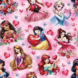 Disney Multi Princess Fabric Valentines Day Fabric Snow White Rapunzel Fabric Cotton Cartoon Fabric Animation Fabric By the Half Yard