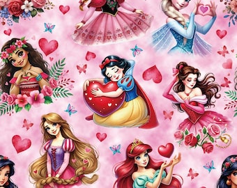 Tessuto Disney Multi Princess Tessuto per San Valentino Tessuto Biancaneve Rapunzel Tessuto in cotone Tessuto per cartoni animati Tessuto per animazione a mezzo metro