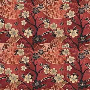 以下が含まれることがあります： 濃い茶色の木の枝に、クリーム色と黒の桜の花が描かれた繰り返し模様のテキスタイル。背景は質感のある深い赤色で、デザイン全体に金色のアーチ状の波のモチーフが重ねられています。
