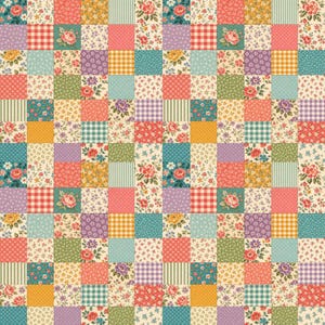 May include: A repeating patchwork pattern featuring a grid of square fabric swatches in various colors including coral, yellow, teal, purple, and green. The squares display diverse prints such as floral motifs, gingham checks, and stripes.