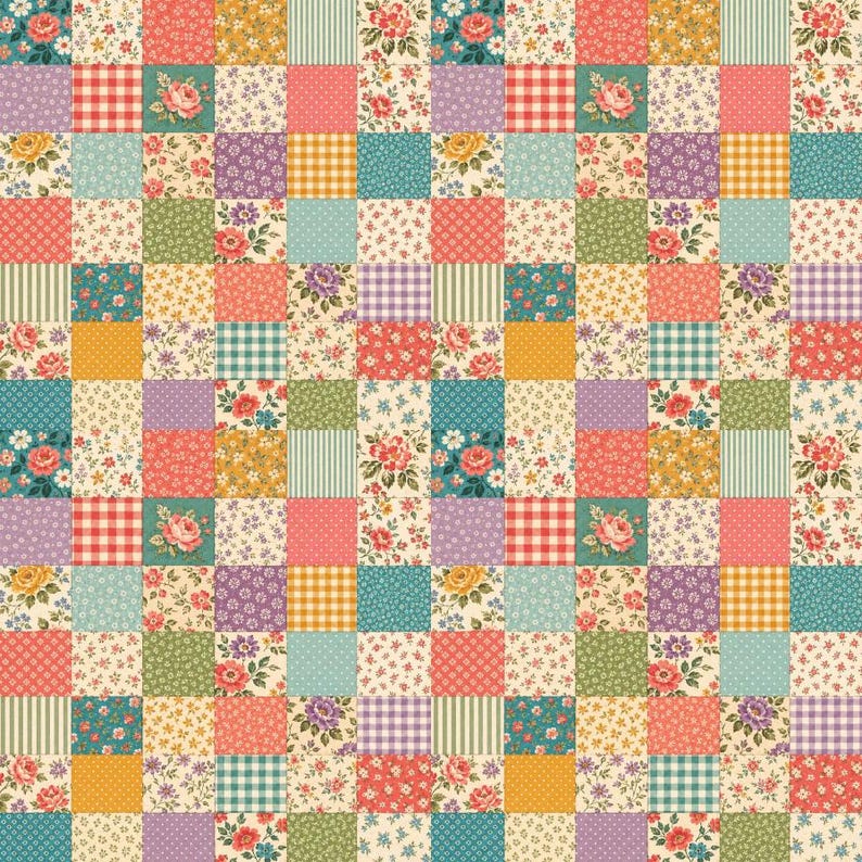 May include: A repeating patchwork pattern featuring a grid of square fabric swatches in various colors including coral, yellow, teal, purple, and green. The squares display diverse prints such as floral motifs, gingham checks, and stripes.