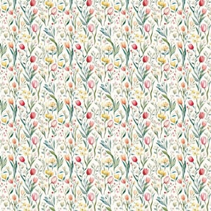 Spring Garden Floral Cotton Fabric Watercolor Tulip & Wildflower Print, Pure Cotton Sewing Fabric Botanical Fabric By The Half Yard