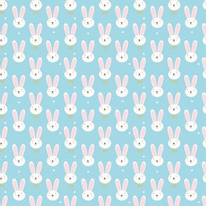 Puede incluir: Un patrón sin costuras con conejos blancos con orejas rosas y una pajarita amarilla sobre un fondo azul claro.