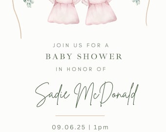 Twin Girls Baby Shower Invitation Template - Pink Dresses (Digital Download)