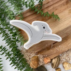Peut inclure: Un biscuit en forme de ptérodactyle gris clair avec un glaçage lisse, doté d'un œil noir unique et d'une petite bouche rose. Le biscuit représente un dinosaure volant aux ailes déployées, avec des lignes épurées et un design plat simple.