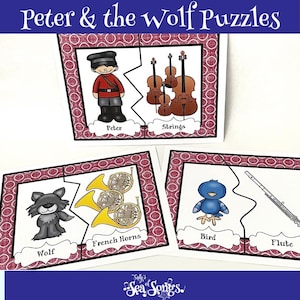 May include: A set of children's puzzles featuring illustrations from "Peter and the Wolf." The puzzles include images of Peter, strings, a wolf, French horns, a bird, and a flute. The puzzles have a red and white patterned border and the text "Peter & the Wolf Puzzles".