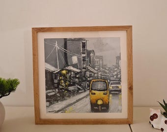 Lagos Street Scene Painting – Framed Wall Art, Yellow Keke Marwa in Rainy Cityscape