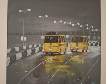 Lagos Street Scene Painting,Framed Wall Art, Yellow bus in  Cityscape