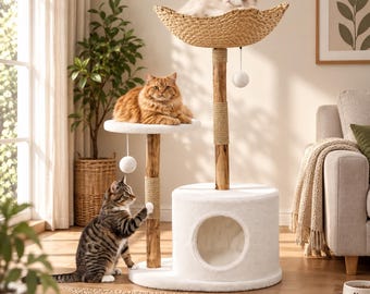 Cat Tree for Large Cats, Wooden Cat Tower with Basket & Bed