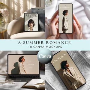 May include: A collection of ten digital mockups featuring a laptop, smartphone, and tablet displaying fashion photography with the text L'HORIZON and REVJUE. The set includes the text A SUMMER ROMANCE 10 CANVA MOCKUPS and a Canva logo graphic.