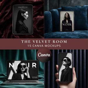 May include: A collection of fifteen digital mockups for Canva featuring various electronic devices including a tablet, a laptop, and a smartphone. Each screen displays black and white portrait photography with the text NOIR and PRIOFLOTE.