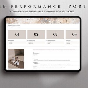 Könnte beinhalten: Ein digitales Tablet zeigt eine Website mit dem Titel The Performance Portal, ein umfassendes Business-Hub für Online-Fitness-Coaches. Die Benutzeroberfläche enthält vier nummerierte Abschnitte, Textlisten und ein kleines quadratisches Bild.