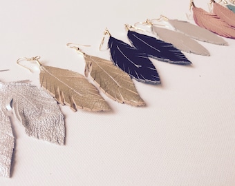 Feather Earrings, Leather Feather Earrings, Genuine Leather Feather Earrings, Large Feather Earrings, Statement Earrings, Beautiful Earrings