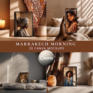 May include: A collection of 20 digital mockups titled Marrakech Morning, featuring various tablet and smartphone displays showcasing portrait photography. The set includes Canva integration, with warm-toned interior settings, candles, and textiles.