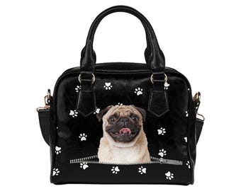 Pug Paws Shoulder Handbag, Pug Mom Gift, Cute Pug Dog Paw Print Purse, Black Dog Lover Satchel, Puppy Theme Tote, Pet Lover Accessories