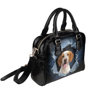 Ariège Pointer Handbag, Ripped Denim Print Shoulder Bag, Braque de l'Ariège Mom Gift, French Pointer Dog Tote, Faux Denim Satchel image 2