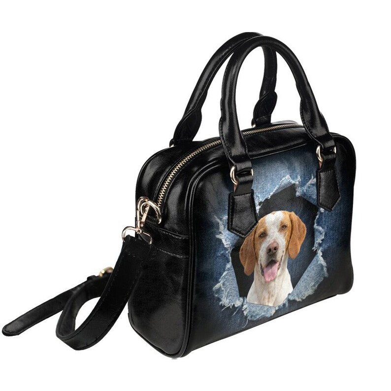 Ariège Pointer Handbag, Ripped Denim Print Shoulder Bag, Braque de l'Ariège Mom Gift, French Pointer Dog Tote, Faux Denim Satchel image 2